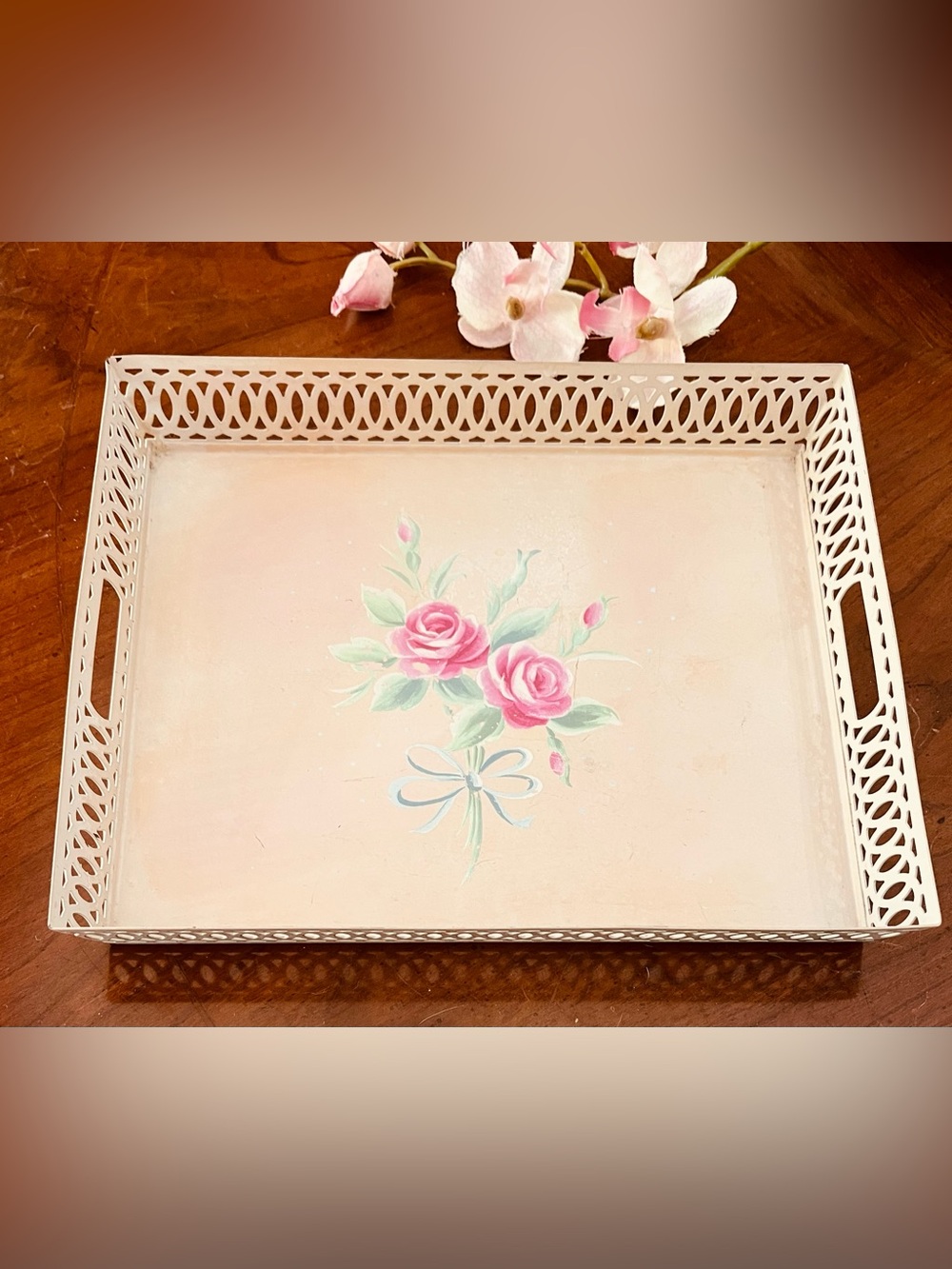 Vintage Rachel Ashwell Simply Shabby Chic Pink Rose Vanity Tray w Center Floral